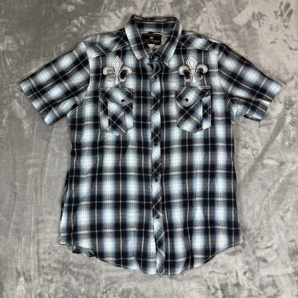 Pop Icon Clothing Button Down Mens L Blue Plaid Fleur De Lis Buckle Y2K Western